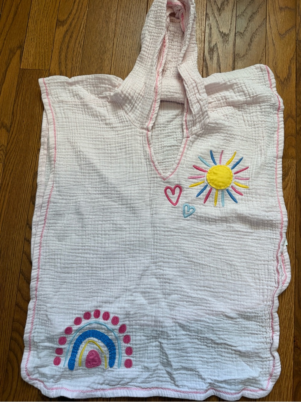 Mud Pie White Hooded Kids Poncho with Yellow Sun & Pink Rainbow Accents